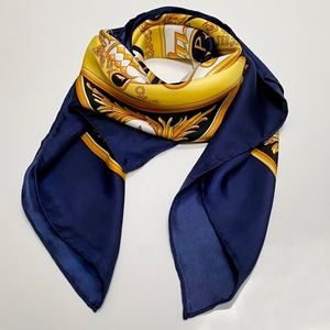 100% Silk Twill Celestial Dial Oversized Scarf navy yellow gold